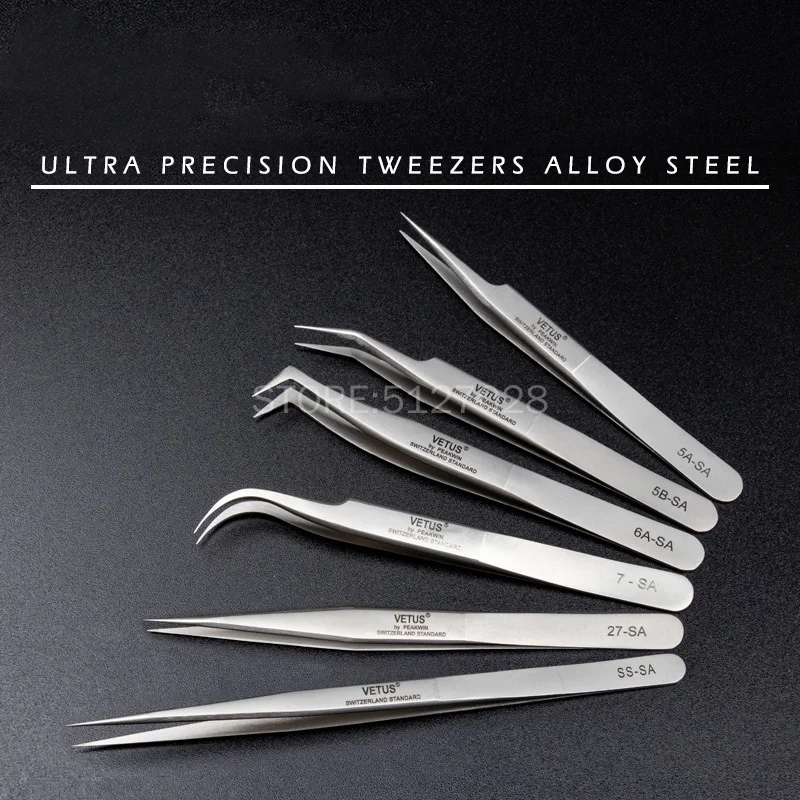 VETUS SA Series Tweezer Stainless Steel Hyperfine High Precision Antimagnetic Anti Acid Tweezers for Eyelash Extension