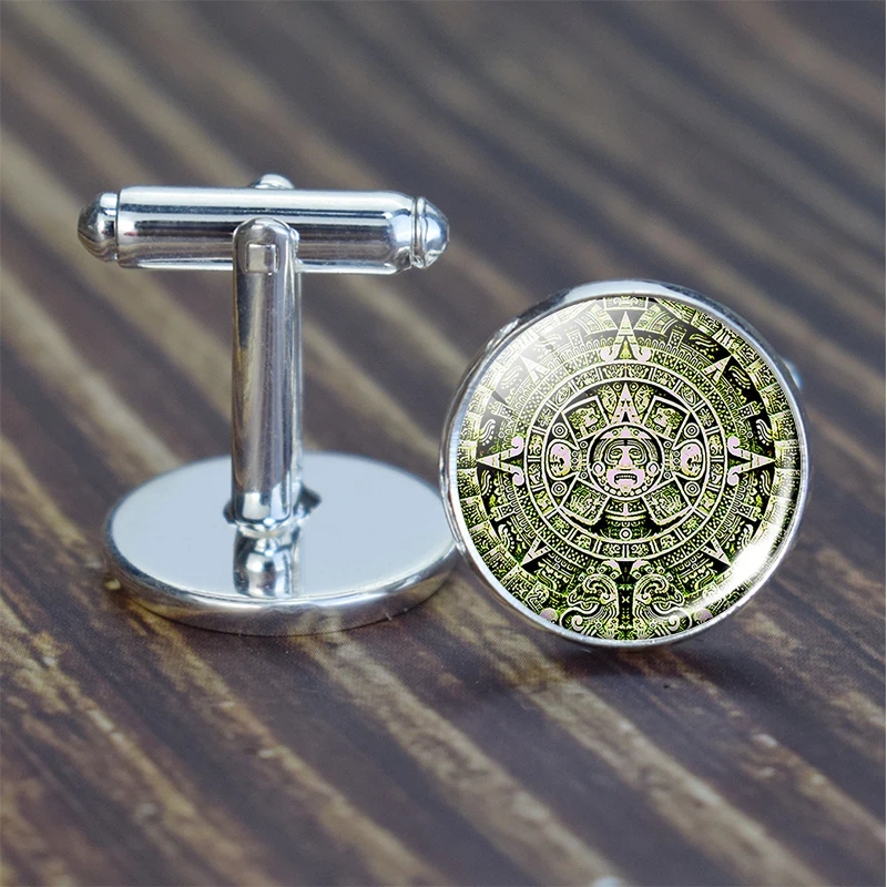Aztec Calendar Cufflinks Ancient Mexico Art Glass Dome Cufflinks Best Men Cuff Links