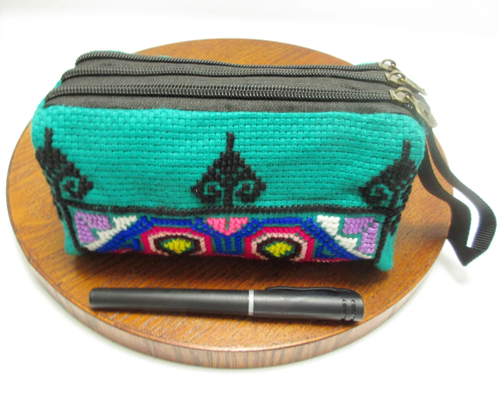 Green 3-Layer Wristlet Vintage Hmong Thai Indian Embroidered Fashionable Clutch Purse Boho Hippie Ethnic Cosmetic Bag SYS-438G