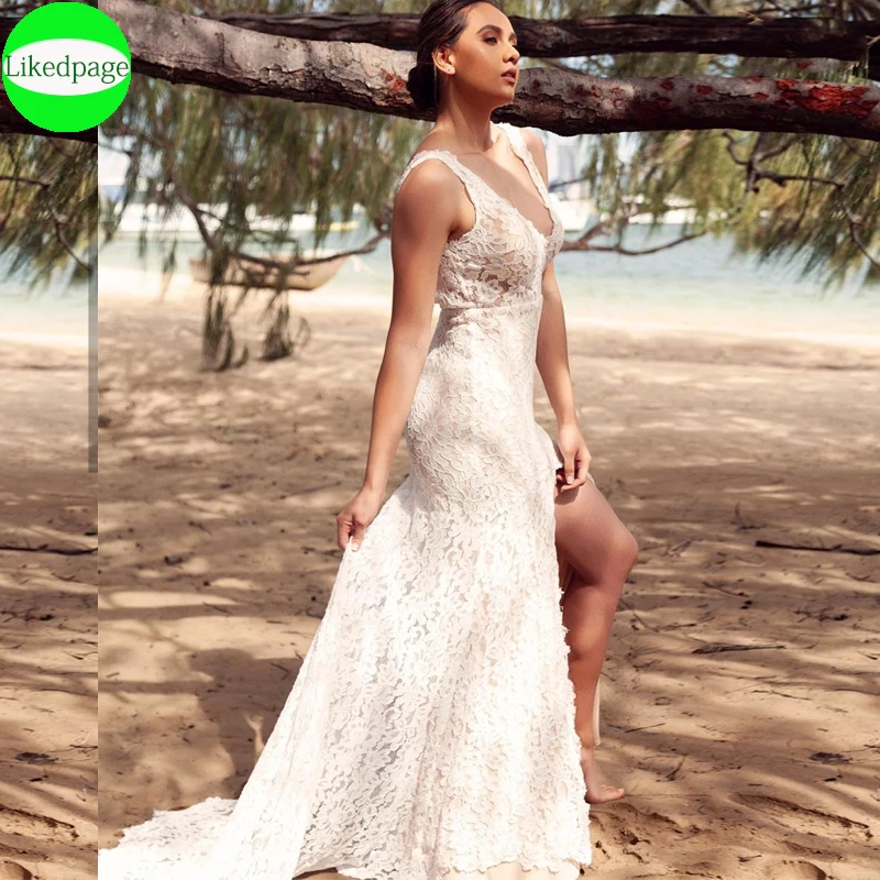 Mermaid งานแต่งงานเซ็กซี่ Vestidos De Novia Beach Deep V คอด้านข้างแยกลูกไม้ Appliques Backless Gorgeous Boda ชุดเจ้าสาว2021