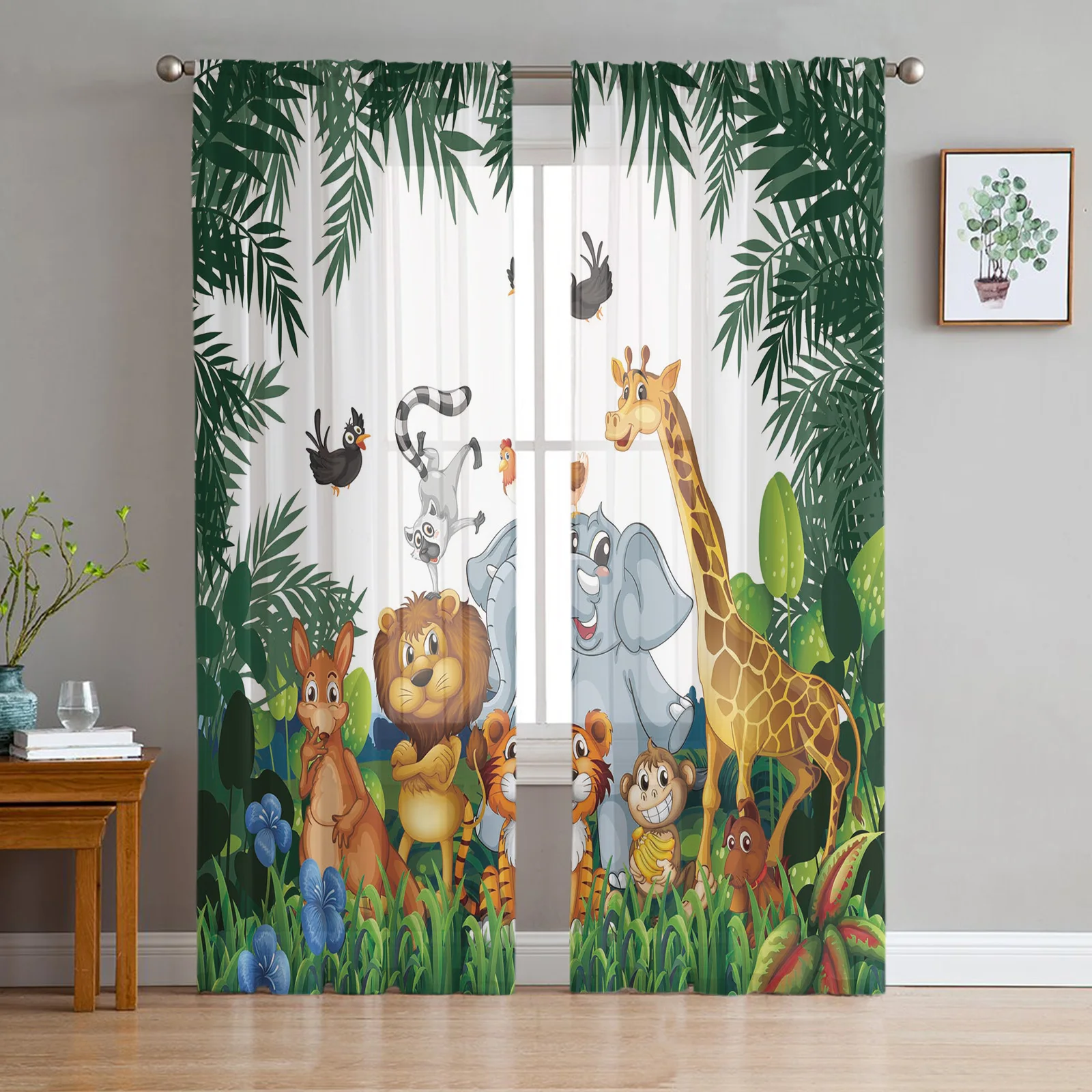 Tropical Jungle Cartoon Animal Giraffe Lion Elephant Tulle Curtain Voile Transparent for Bedroom Living Room Sheer Curtains