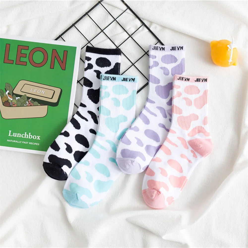 Summer Socks Cow Harajuku Japanese Cute Tide Ins Korean Men And Women Cartoon College Wind Fresh Pink Blue Purple Women's Socks