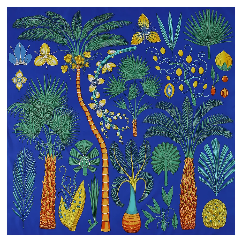 New Bandanna 130*130CM Palm Tree Print Luxury Brand Women\'s Scarf 100% Silk Square Scarf Big Handkerchief Sunscreen Pareo Beach