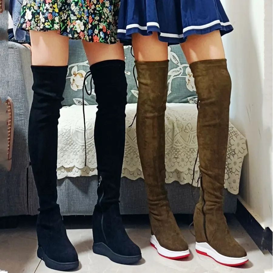 Plus size EUR34-46 Thigh High Fashion Sneaker Women Stretchy Over the Knee Tall Boots Platform Wedges High Heel Pumps