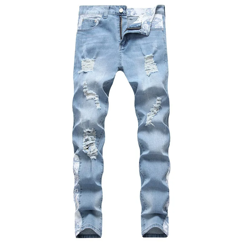 

2022 Spring New Fashion Mens Cotton Ripped Hole Jeans Casual Slim Skinny Blue Black Jeans Men Trousers Casual Male Denim Pants