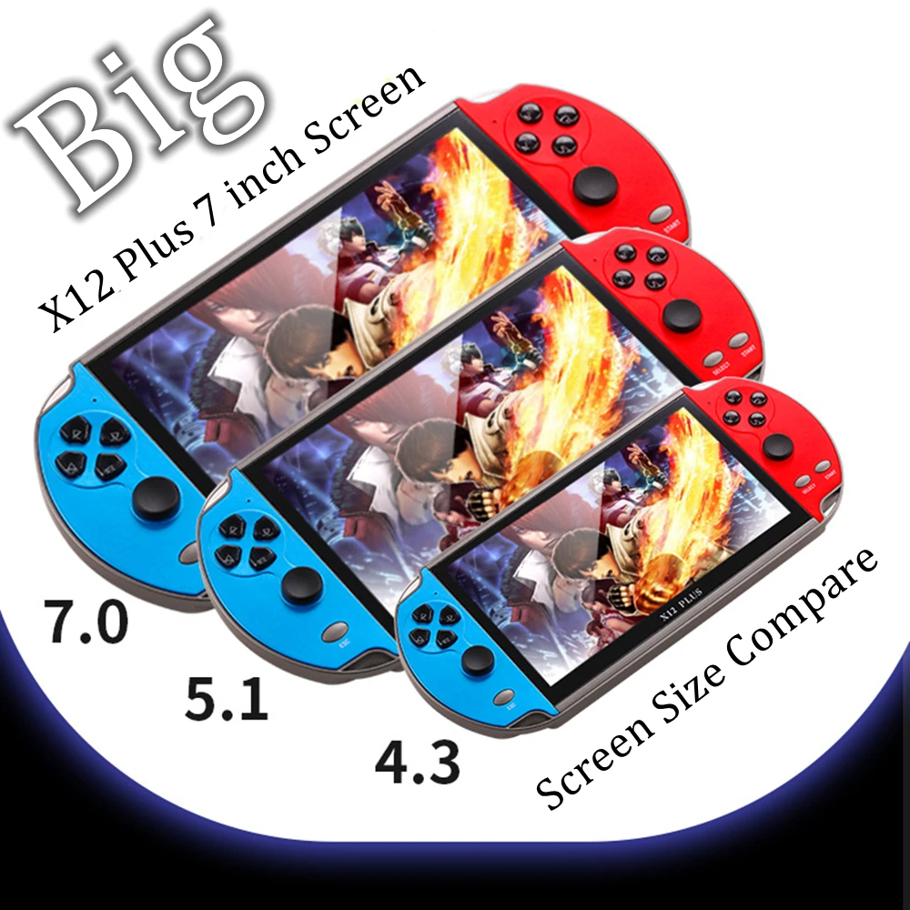 X12 Plus شاشة كبيرة 7 بوصة وحدة تحكم ألعاب محمولة 16/48 جيجا بايت شاشة عرض مسبقة 2000 ألعاب لمشغل ألعاب الفيديو 8/16/32/128 بت