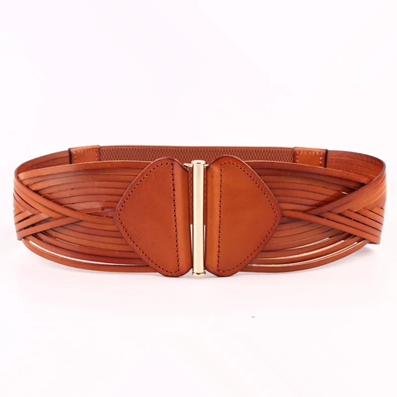 Women Belts about 8 Cm Wide Leather + Woven Ladies Girdle Fashion All-match Wide Belt Designer High-Quality Elastic Leather Belt