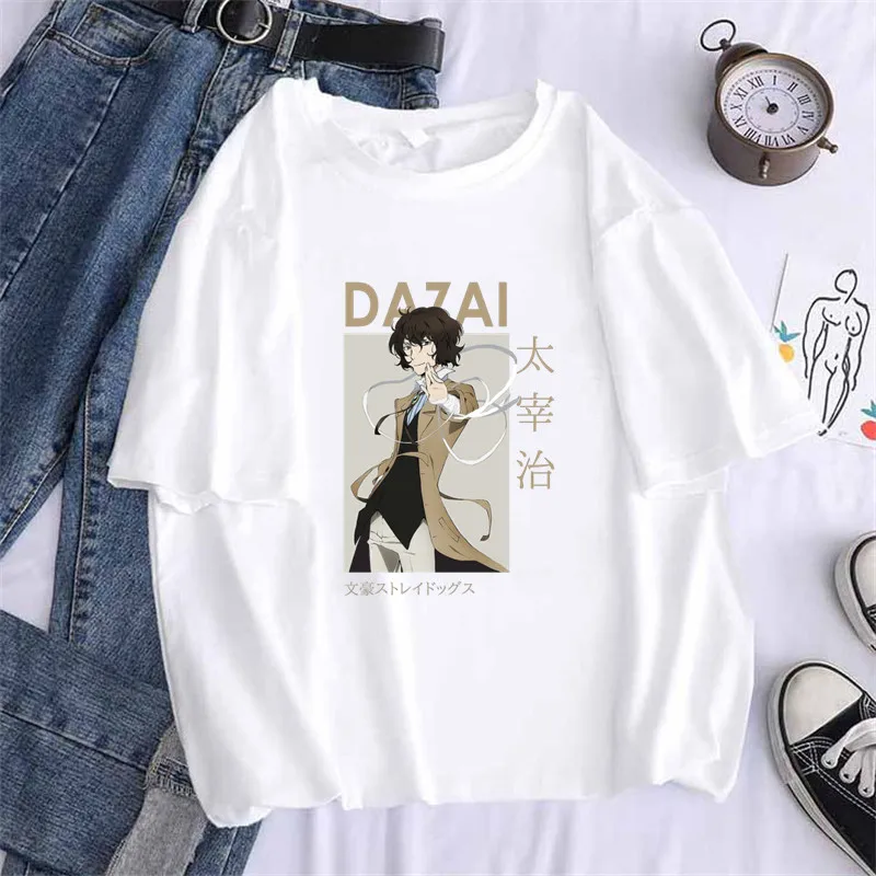 Bungo Stray Dogs Women Black T-shirt Osamu Dazai Nakajima Atsushi Short Sleeve White Graphic Tops Tee,Drop Ship