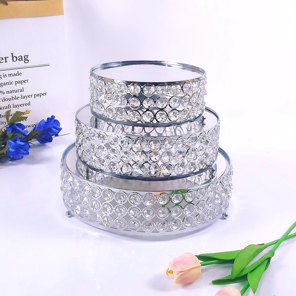 1pc Silver Mirror Crystal Metal Cake Stand Round Cupcake Wedding Birthday Party Dessert  Pedestal Display Plate Home Decor