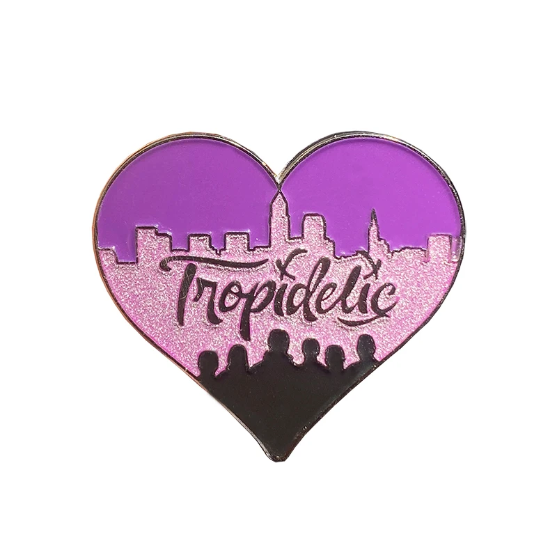 Heart-Shaped Glitter Lapel Pin, Wholesale Manufacturer, Purple and Black, Beautiful Soft Enamel, Black Nickel Badge, Supplier