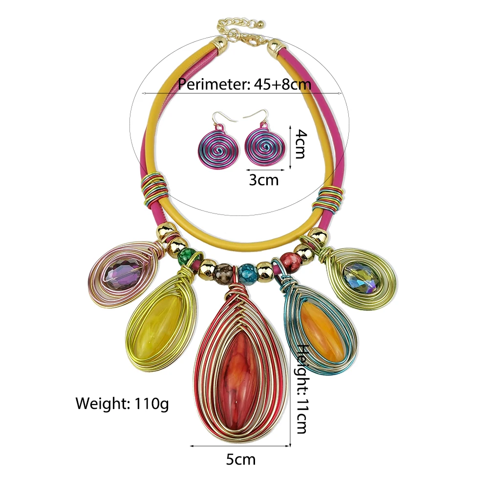 MANILAI Boho Big Pendant Necklaces Jewelry Sets Leather Chain Colorful Resin Crystal Metal Earrings Statement Jewelry Set Women