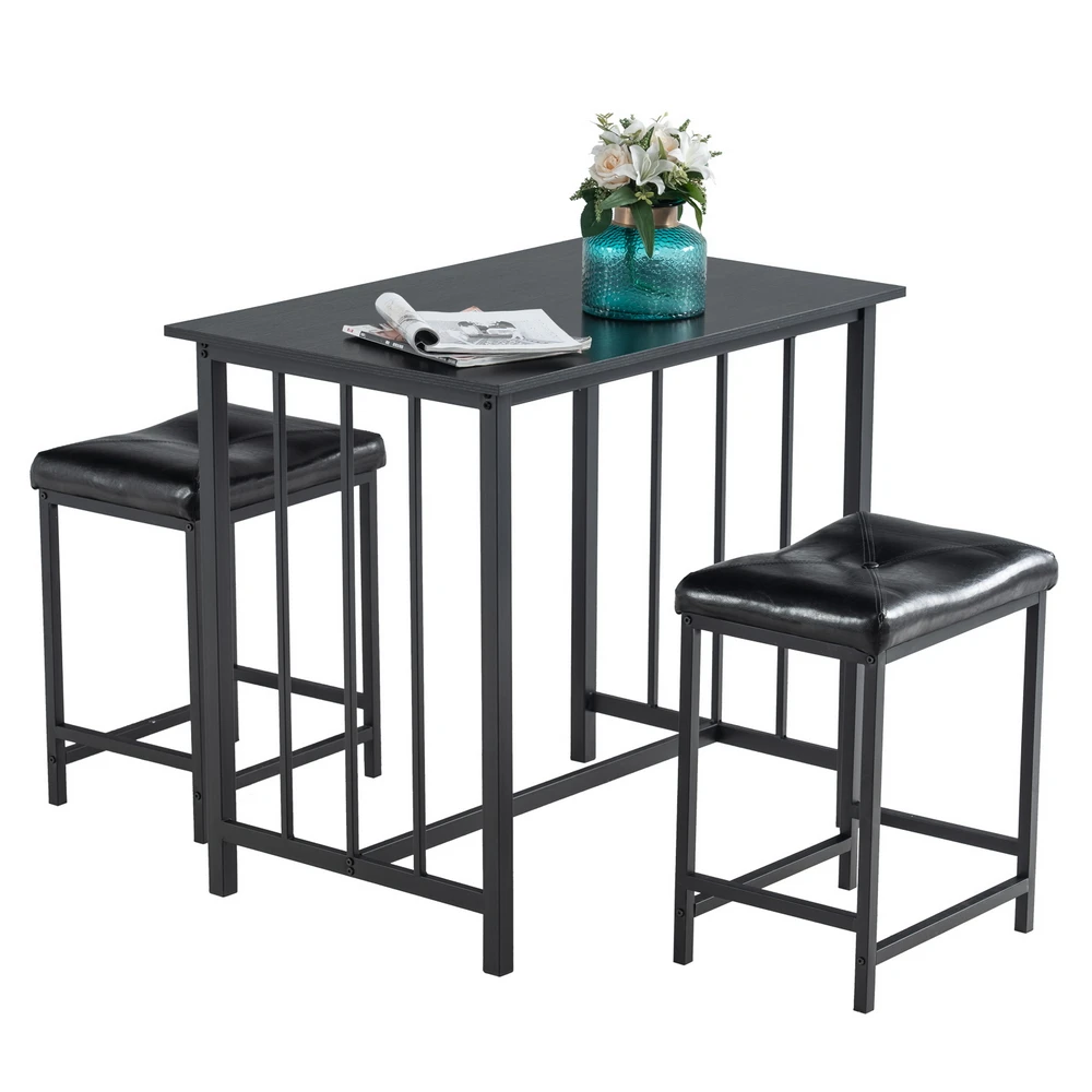 43.2*33*55.2CM IN Stock 3 Piece Dining Table Set  Dining Set for 2 PVC Table and 2 Stools  Black US Warehouse