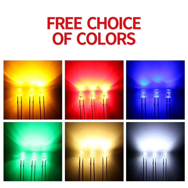 1000PCS 3MM Flat Top Transparent Short Leg Boundless Red Blue Green Yellow White Warm DIP LED