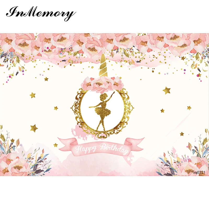 InMemory Unicorn Party Background Flowers Golden Dance Girl Birthday Party Photographic Backgrounds Photo Studio Booth Props 7X5