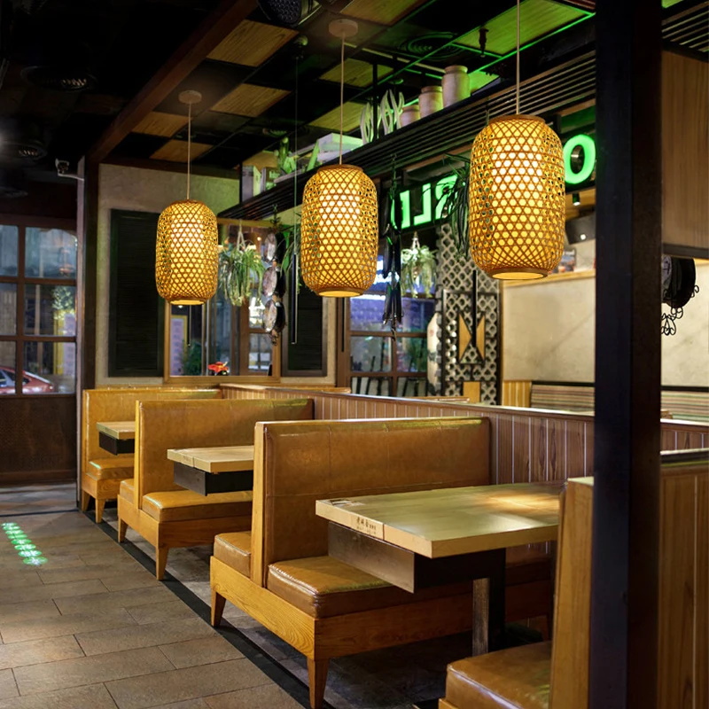 Lantern Pendant Lights Hand Woven Bamboo Hanging Lamp Dining Room Rattan Retro Restaurant Modern Kitchen Lighting Fixtures