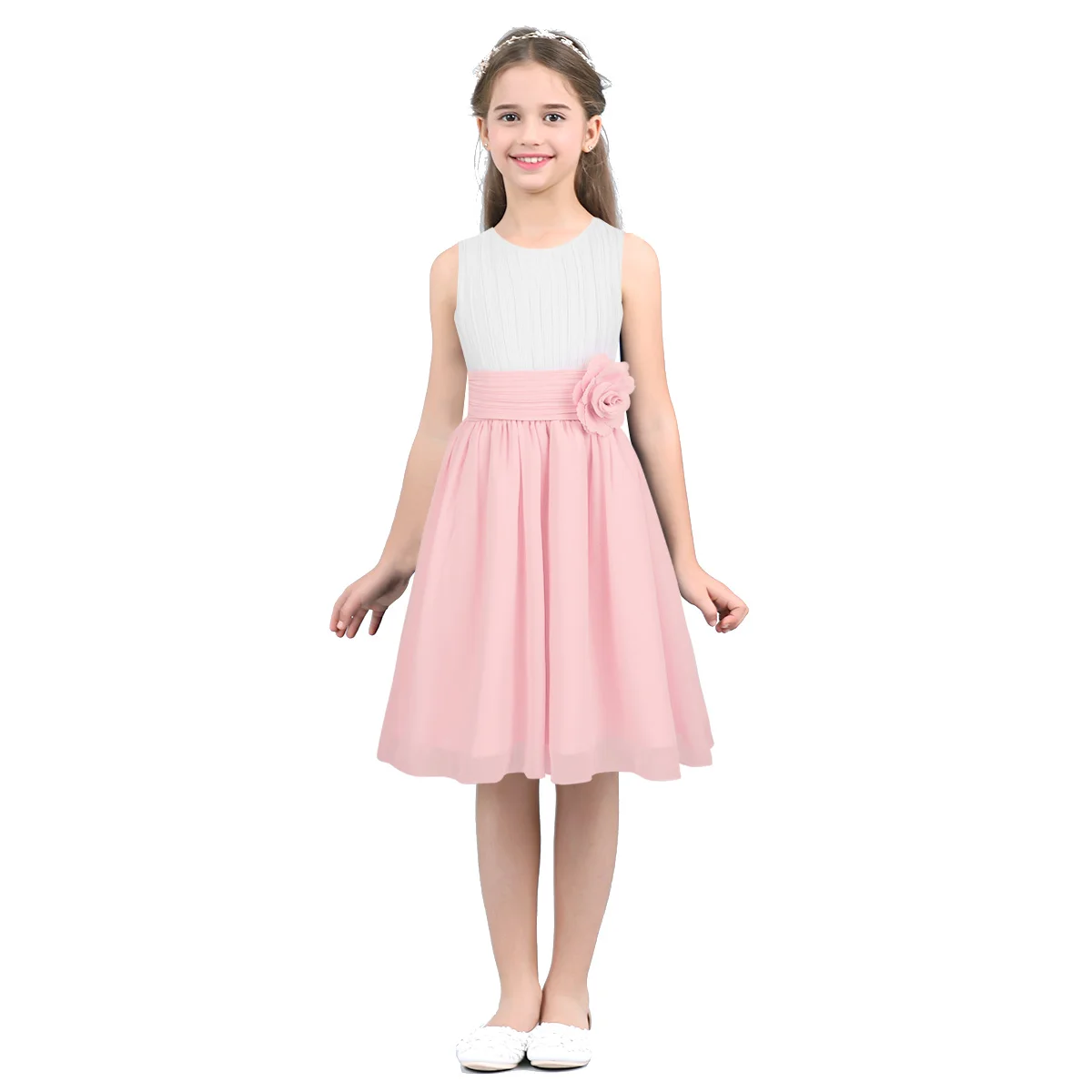 

2023 Summer Girls Dress Sleeveless Pleated Chiffon Dresses For Kids Wedding Party Birthday Pageant Princess Flower Girl Dresses