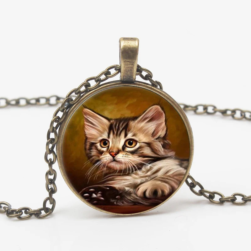 Cute Unique Necklace Glass Cabochon Bronze Chain Necklace Black Cat Picture Retro Pendant Necklace Woman Sweater Choker