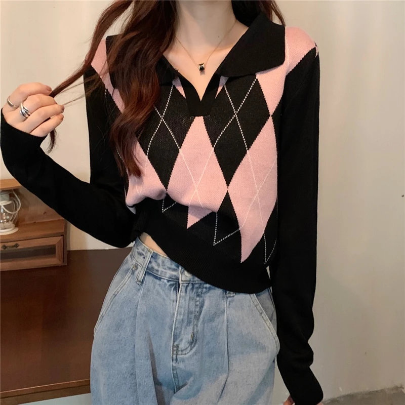 Ladies Sweaters Autumn Winter New Plaid Long Sleeve Top Loose Turn-down Collar Sweater Women Knitted Pullover Pull Femme Fashion