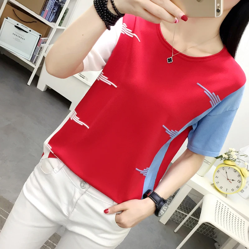 Shintimes Pink Knitted T Shirt Women 2023 Summer Thin T Shirts Female Casual Woman Clothes Tshirt Hit Color Tops Tee Shirt Femme