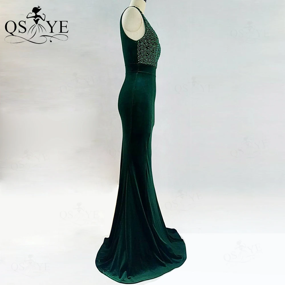 Vestido de noche de terciopelo con perlas verdes, traje de fiesta de sirena, Sexy, con cuello en V, espalda abierta, Formal, tren de barrido, sin mangas