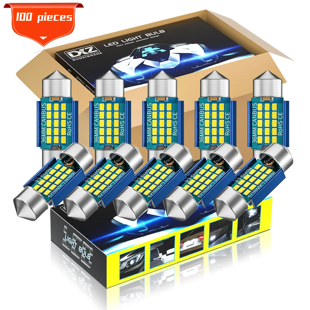 

DXZ 100Pcs C5W LED Bulbs Canbus Festoon-31MM 36MM 39MM 41MM C10W Car Interior Dome Reading Light Auto License Plate Lamp 12V 24V