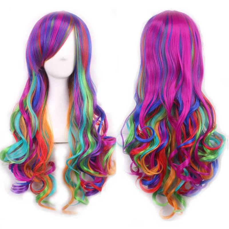 Similler Anime Synthetic Cosplay Wigs for Women High Temperature Fiber Long Curly Rainbow Wig with Bangs