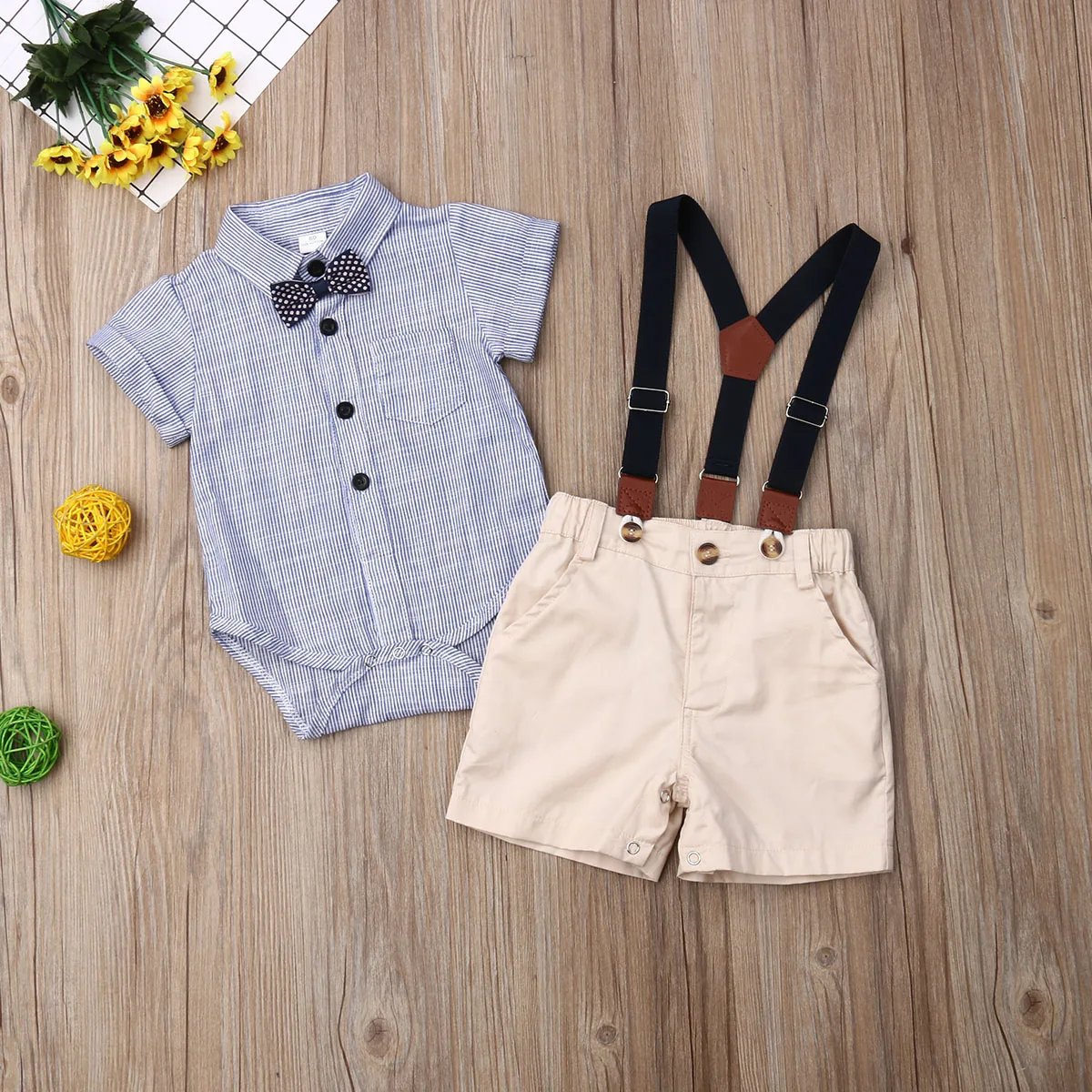 Newborn Baby Boy Clothes Short Sleeve Striped Bow Tie Romper Suspender Shorts Overalls 2PCS Summer Clothing Set