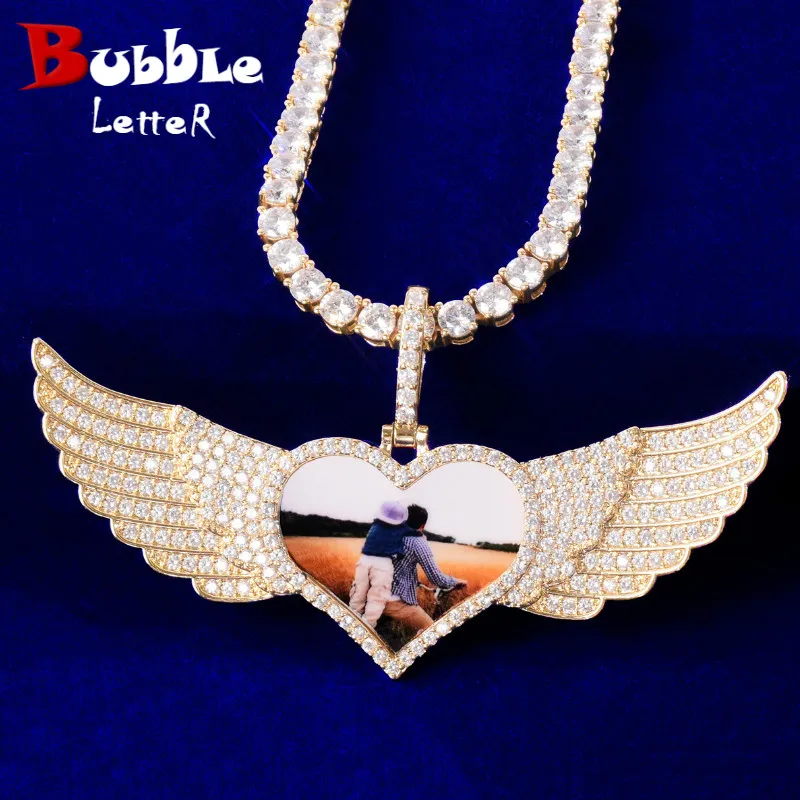 Bubble Letter Custom Photo Necklace for Men Heart Wing Pendant Solid Back Memory Picture Medallion Hip Hop Rock Fashion Jewelry