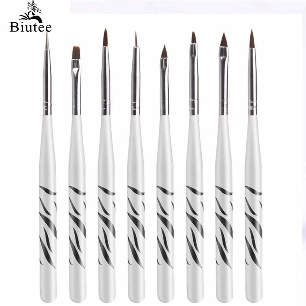 

Biutee 8Pcs Professional Zebra UV Gel Pen Brush Nail Art Acrylic 8 Size Flat Brush Pen Dotting Drawing Paint Salon Tool Set