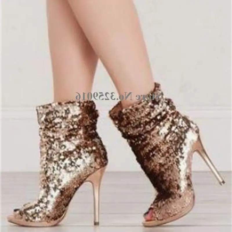 

Peep Toe Sequined Stiletto Heel Short Boots Women Charming Bling Bling Slip-on Blue Gold Shining High Heel Ankle Booties