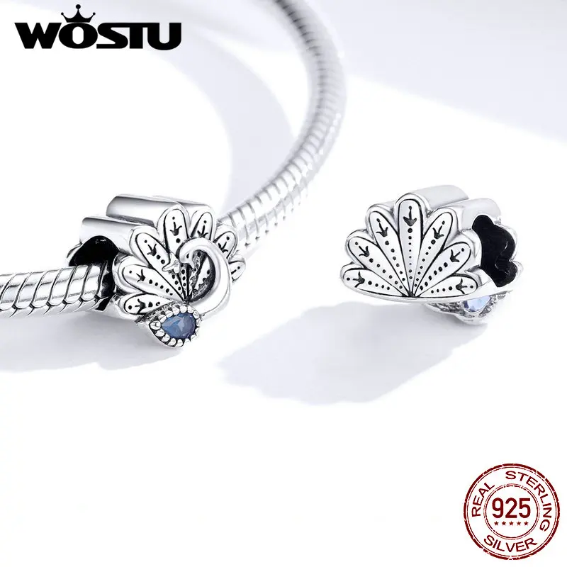 

WOSTU Real 925 Sterling Silver Retro Peacock Charms Zircon Beads Fit Original Bracelet Pendant DIY Necklace Jewelry FIC1558