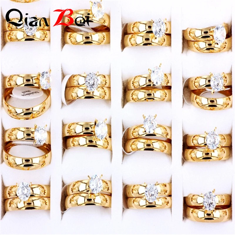 QianBei Wholesale 4sets Fashion 4MM Charm Jewelry Gifts Ring Men Stainless Steel Golden Color  Rings For Women Man