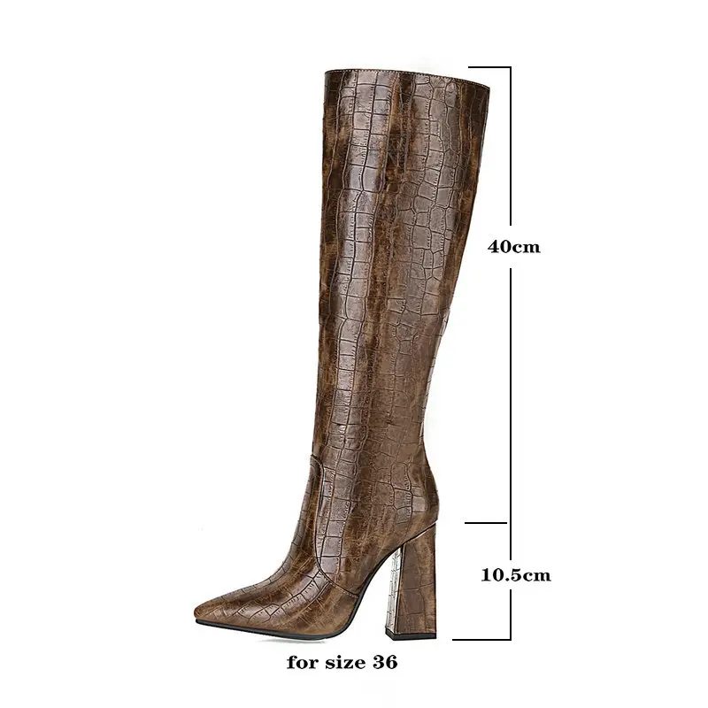 2021 New Faux Leather Women Knee High Boots Pointed Toe Square High Heel Ladies Long Boot Stone Pattern Women Shoes Black Red