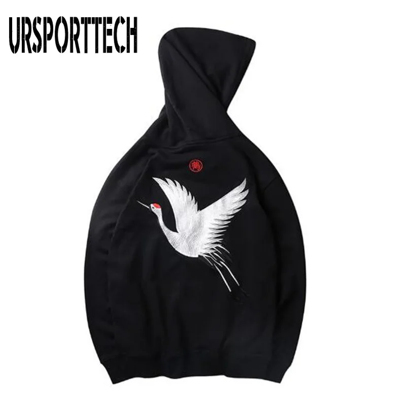 URSPORTTECH Embroidery Crane Hoodies Men/Women 2024 Hip Hop Casual Japanese Streetwear Hooded Sweatshirts Harajuku Male Hoodie