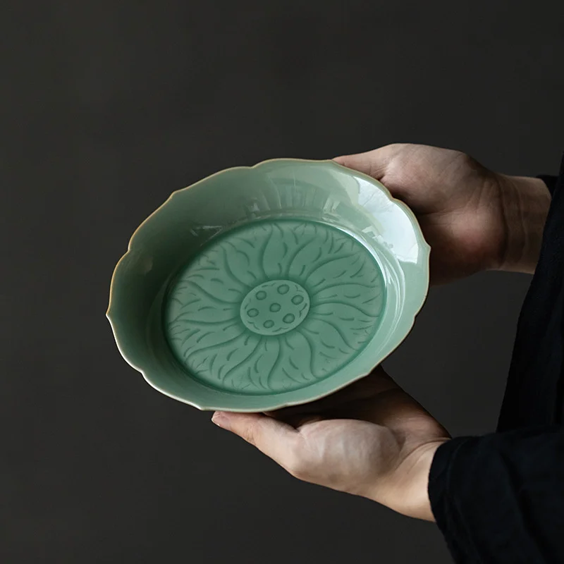 Yue Kiln Celadon Pure Manual Relief Lotus Pot Ceramic Bearing Household Ceramic Dry Bubble Plate Kung Fu Tea Set Accessories