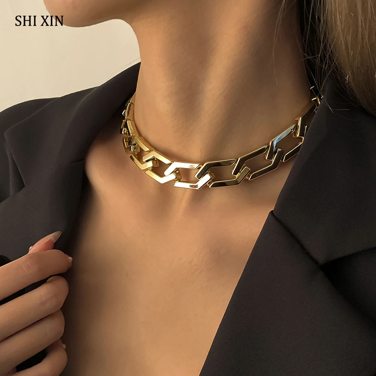 SHIXIN CCB Material Punk Thick Chain Necklace on Neck Hip Hop Chunky Short Choker Fashion Necklace for Women 2021 Statement Gift