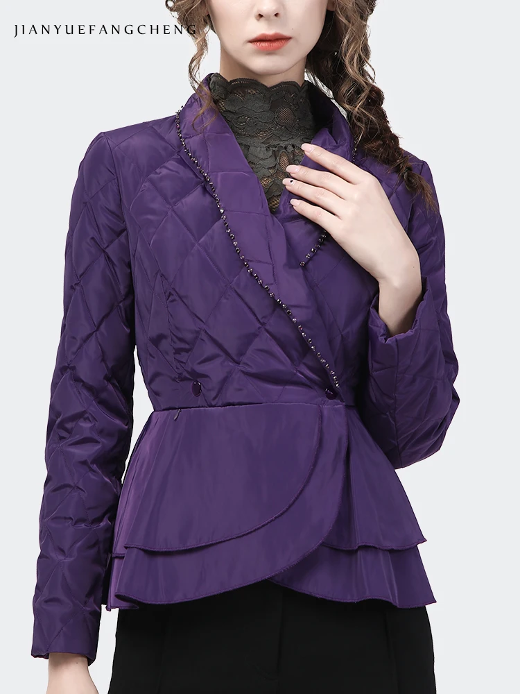 Chaqueta de plumón corta para mujer, abrigo ajustado con cuello de traje elegante, color púrpura, cálido, con cintura ligeramente ceñida, con cierre