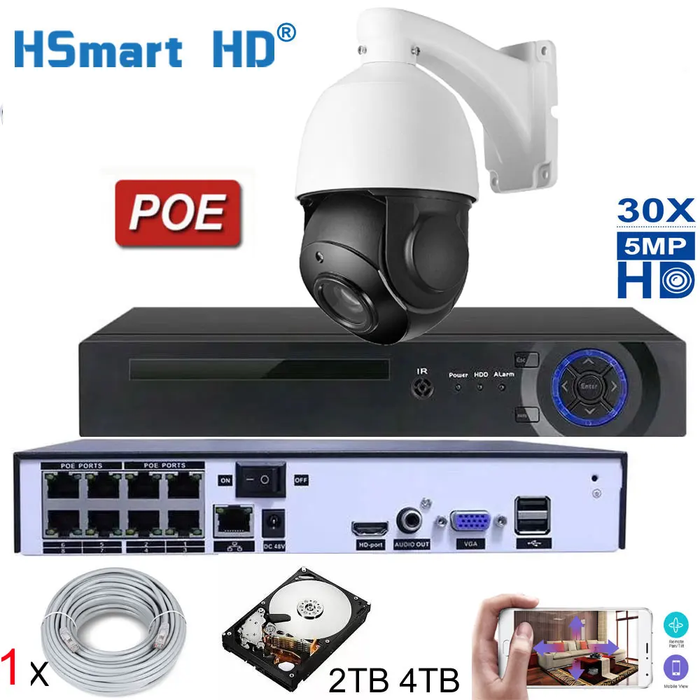 8CH NVR POE Kit H.265 System 4TH HDD CCTV Security 5MP PTZ IP Camera Outdoor Onvif 30X ZOOM Waterproof Mini Speed Dome Camera