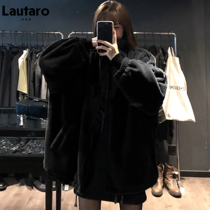 Lautaro Winter Black Oversized Faux Fur Jacket Women Long Sleeve Stand Collar Korean Fashion New Arrivals 2021 Womens Clothing