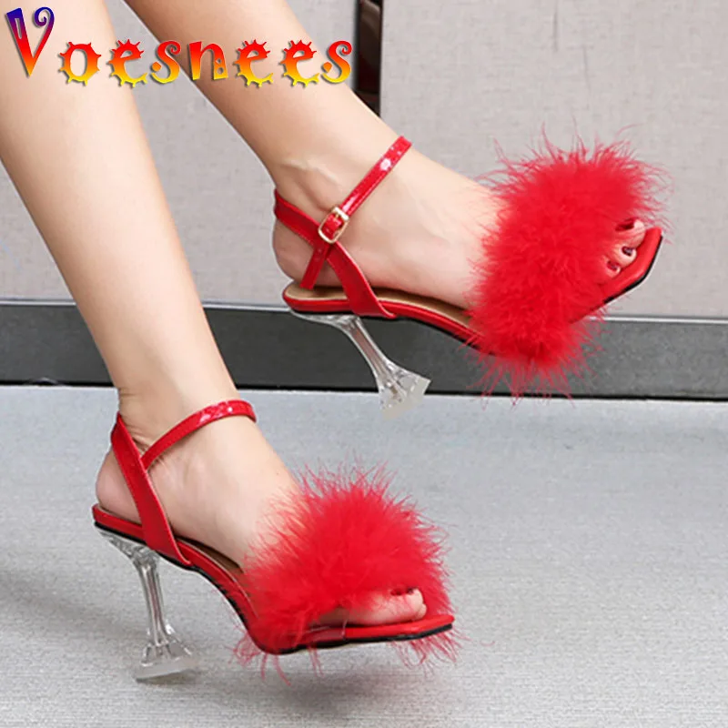 Voesnees Hot Sale Summer New Furry Sandals 2021 Nightclub Ladies Pole Dance High Heels Square End Fur Strippers Crystal Shoes