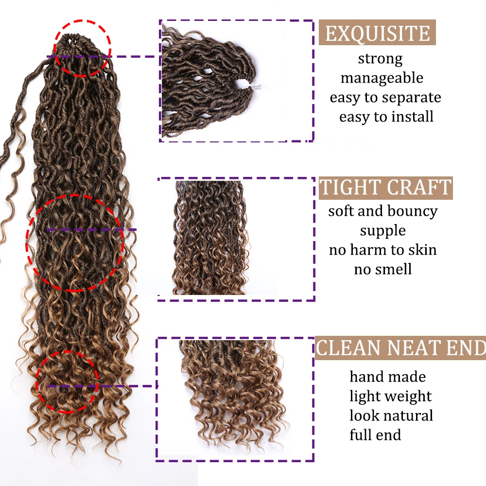 Synthetische Göttin Locs Häkeln Haar Zöpfe Lockige Faux Locs Flechten Haarverlängerungen Perücke Für Frauen Schwarz Hippie Boho Stil – Detail 5