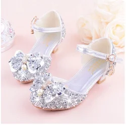 2024 Girls Bow-knot Rhinestone high-heeled Sandals , Princess Performance Dancing Summer PU Leather shoes, purple, pink & Silver