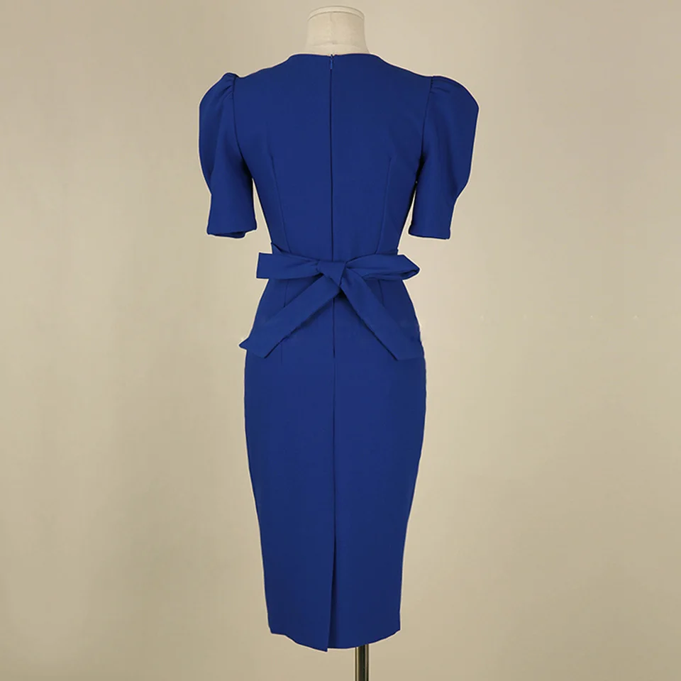 Blue Office Lady Dress 2024 Spring High Waist Pencil Fashion Simple Puff SleeveTemperament Women Elegant Party Dress Women