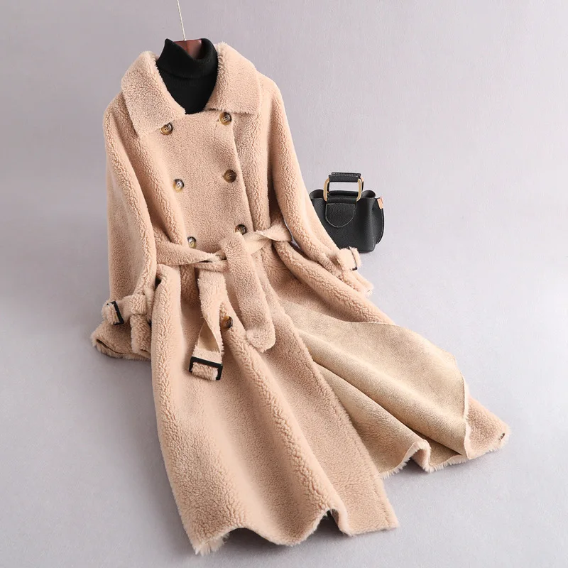 2021 Winter Coat Women High Quality Cashmere Fur Coat Double Breasted Belt Long Fur Jacket Womens Fashion Thick Warm Overcoat