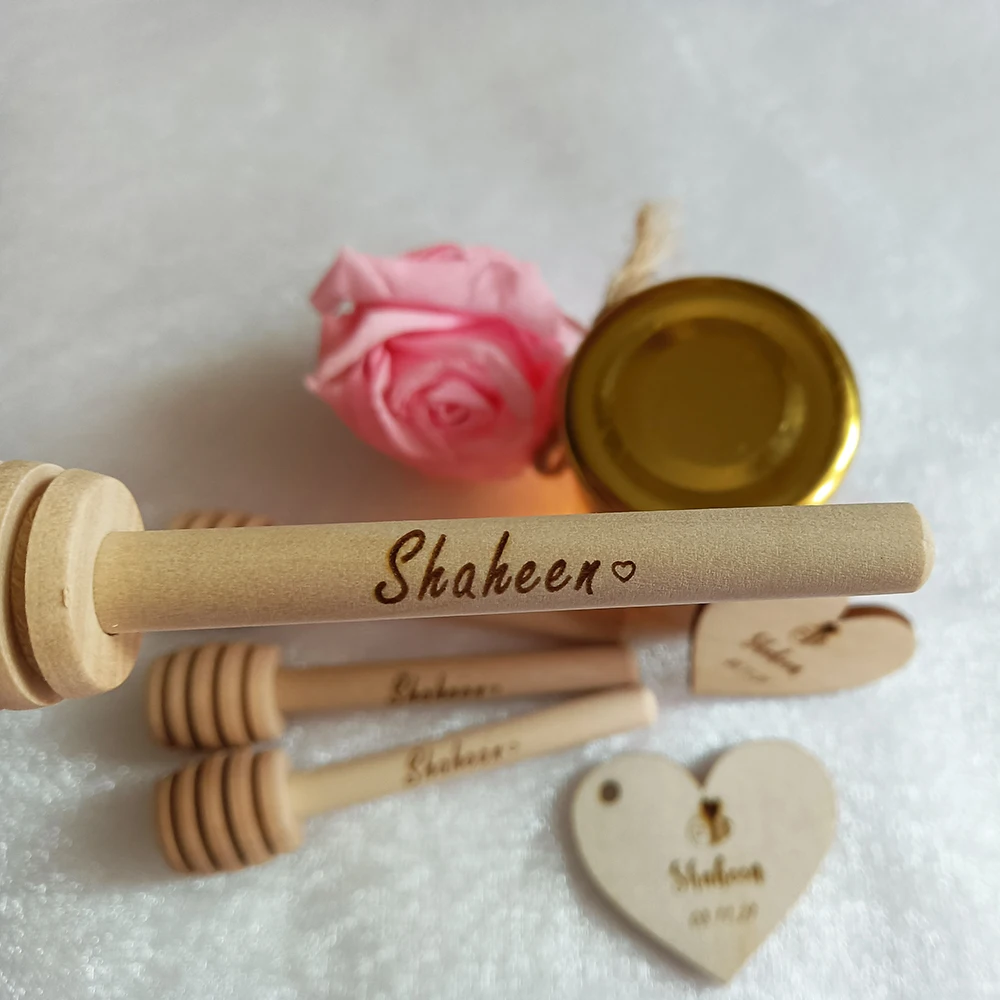 Personalized Wood Honey Dipper Sticks, Round Shape, Mini Glass Jars, Custom for Wedding Party Gifts, Tags