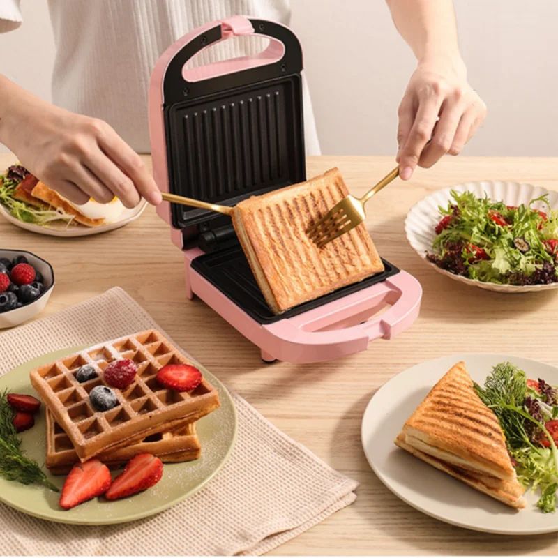 220V Điện Gia Đình Làm Bánh Sandwich Dính Ăn Sáng Bánh Nướng Bánh Nồi Hồng/Đỏ Màu Có Sẵn