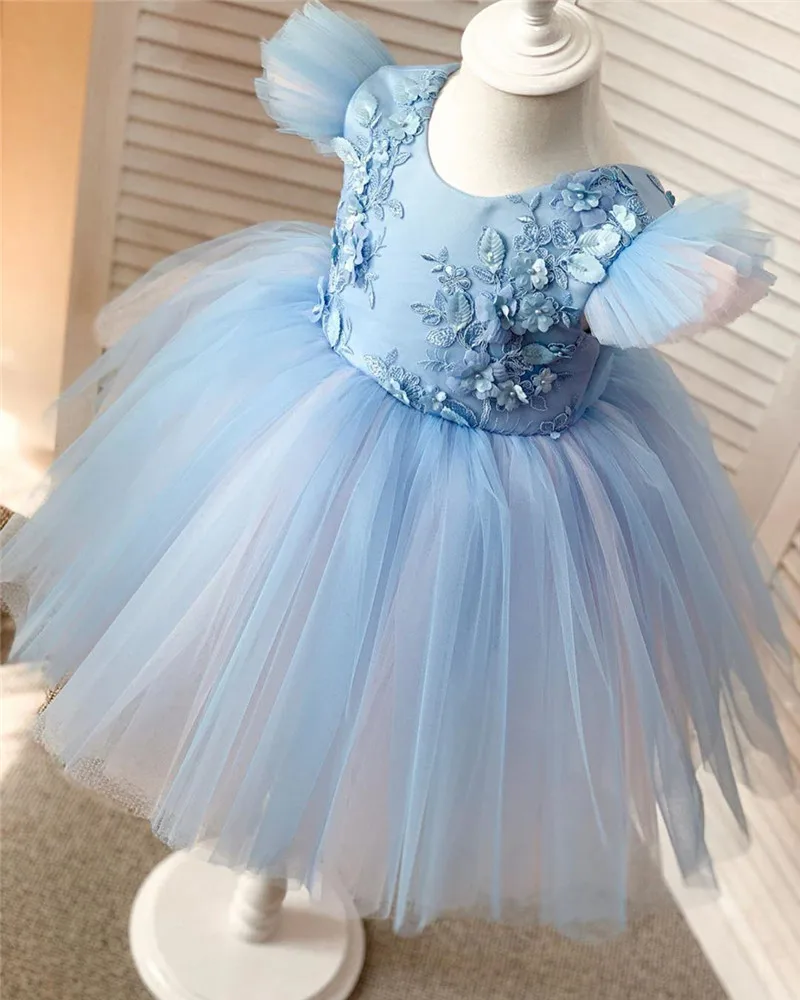 

Cute Sky Blue Baby Girls Dresses Lace Floral Kids Clothes with Cap Sleeve Flower Girl dress Princess Birthday Gown