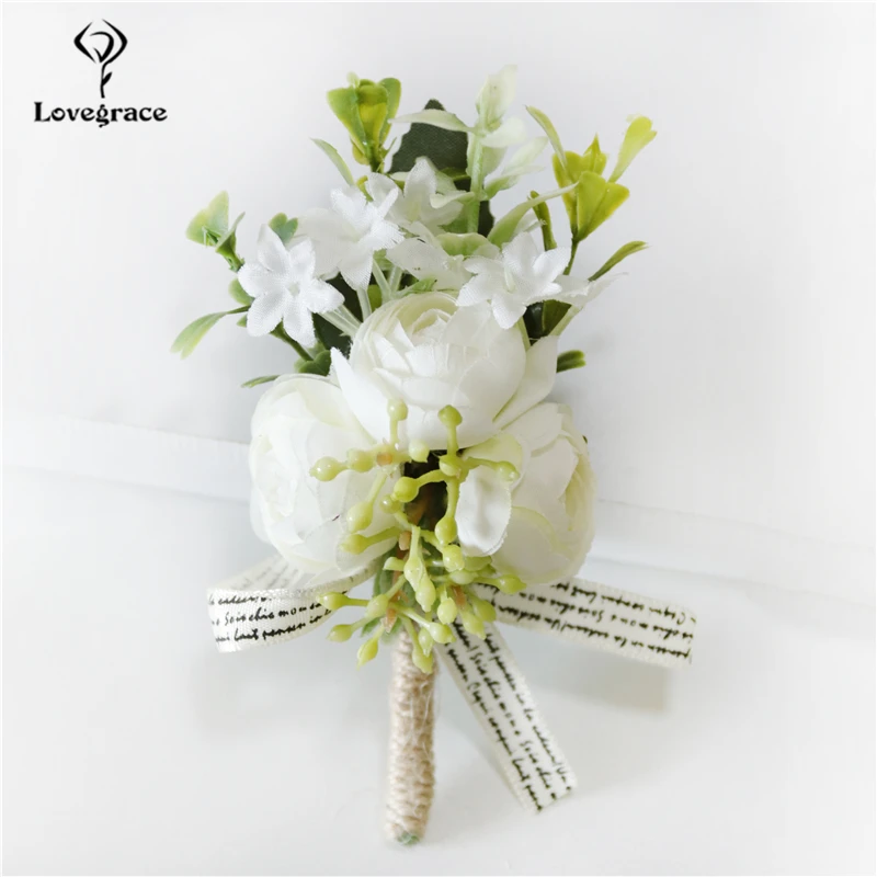 Boutonniere Gelang Pernikahan Korsase Pergelangan Tangan Pengantin Wanita Bunga Sutra Putih Mawar Boutonniere Aksesori Pernikahan Lubang Kancing Pria