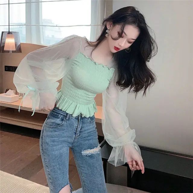 

Woman Sweaters 2020 Mesh Puff Sleeve Sweater off-the-Shoulder Short Slim Fit Femme Chandails Pull Hiver