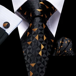 Hi-Tie Black Gold Novelty Silk Wedding Tie For Men Handky Cufflink Set Fashion Designer Gift For Men Necktie Business Party